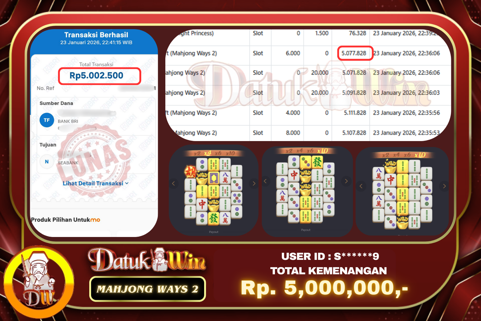 Bukti Pembayaran Jackpot 23 JANUARI 2026 – DATUKWIN