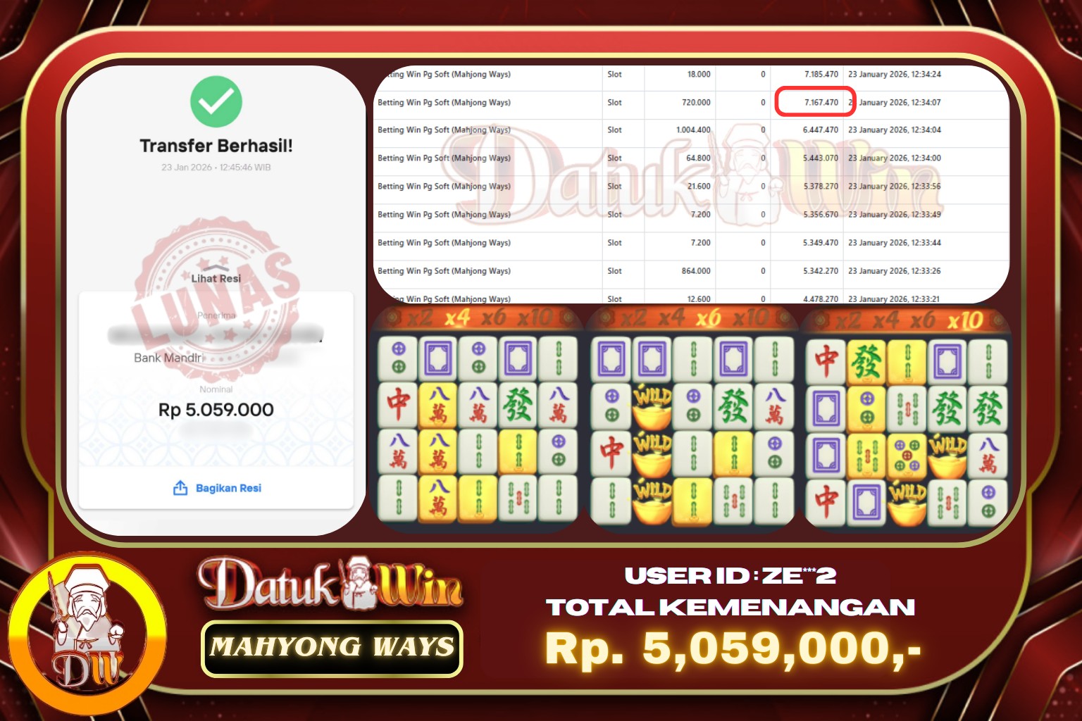 Bukti Pembayaran Jackpot 23 JANUARI 2026 – DATUKWIN
