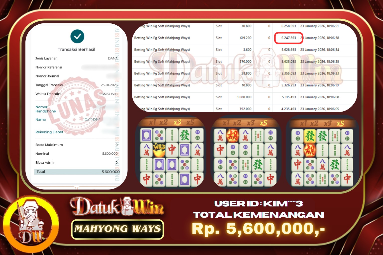Bukti Pembayaran Jackpot 23 JANUARI 2026 – DATUKWIN