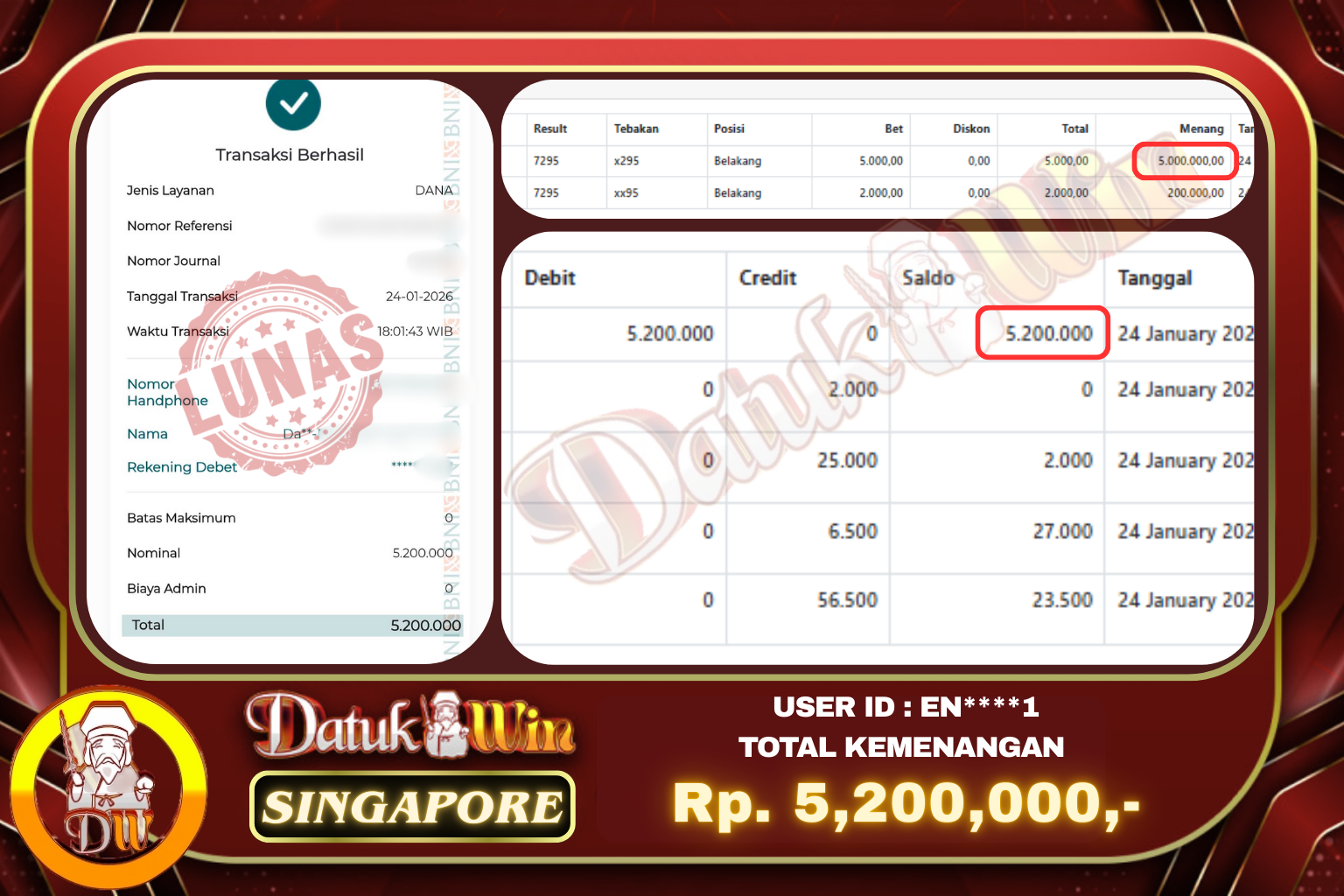 Bukti Pembayaran Jackpot 24 JANUARI 2026 – DATUKWIN