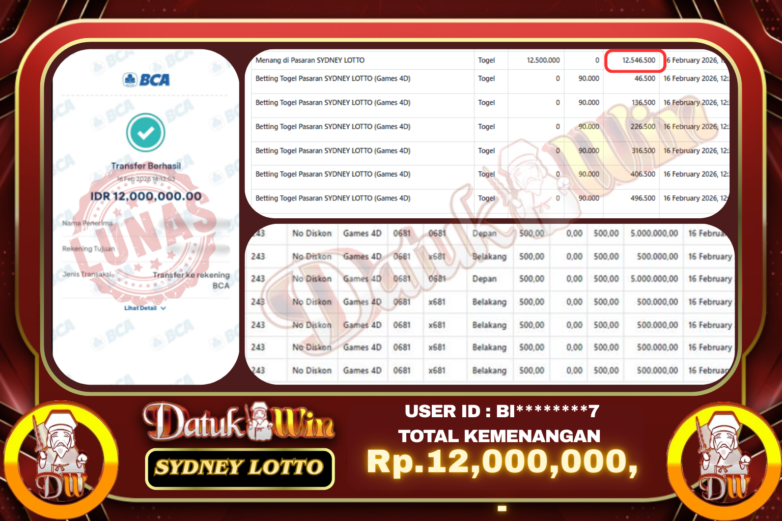 Bukti Pembayaran Jackpot 16 FEBRUARI 2026 – DATUKWIN