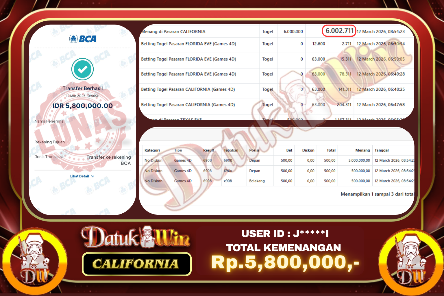 Bukti Pembayaran Jackpot 12 MARET 2026 – DATUKWIN