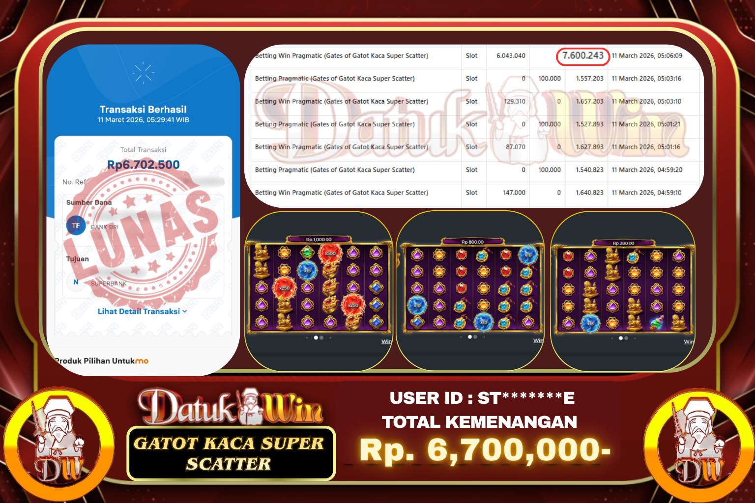 Bukti Pembayaran Jackpot 11 MARET 2026 – DATUKWIN