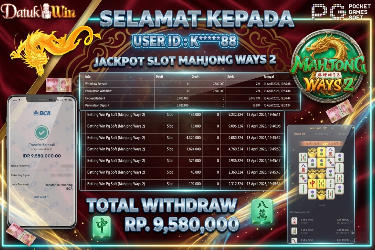 Bukti Pembayaran Jackpot 13 April 2026 – DATUKWIN