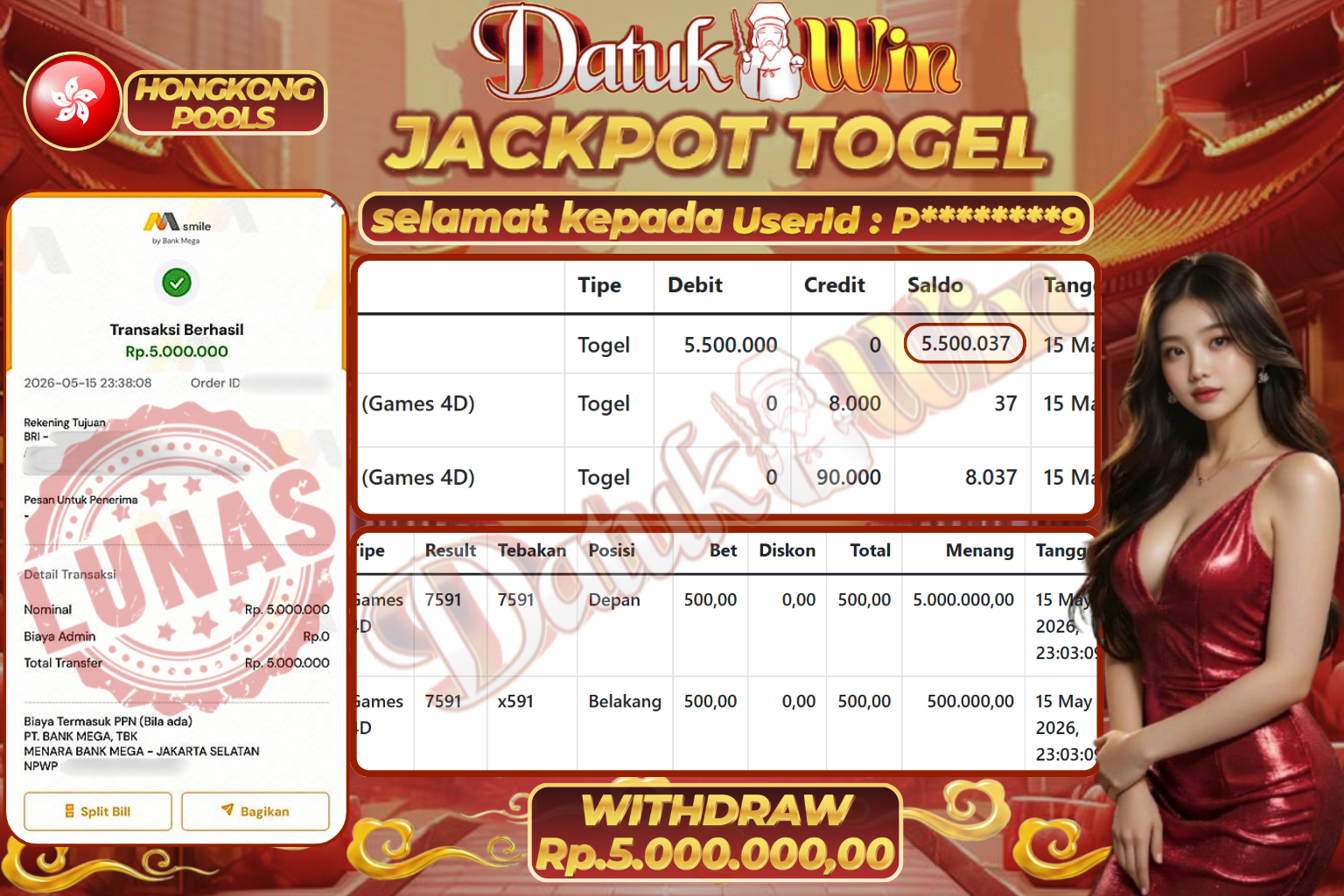 Bukti Pembayaran Jackpot 16 Mei 2026 – DATUKWIN